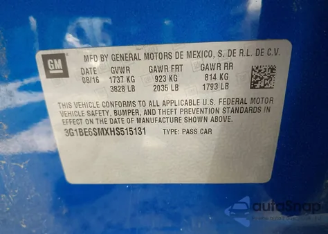 2017 Chevrolet Cruze Lt Auto из США, поврежденный, VIN 3G1BE6SMXHS515131